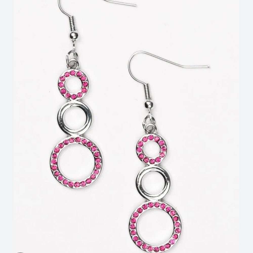 paparazzi Silver-Tone Triple Circle Earrings with Pink Crystals